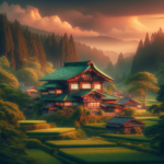 Create an image in the style of a Ghibli-inspired anime oil painting, depicting a quaint, old house in the Japanese countryside. This house, reminiscent of a traditional izakaya, is surrounded by lush trees and overlooks vibrant rice fields. The scene is bathed in the warm, soft glow of a setting sun, casting gentle shadows and creating a tranquil, nostalgic atmosphere. The composition should be rich in texture, capturing the serene beauty of rural Japan in a whimsical, Ghibli-like manner.